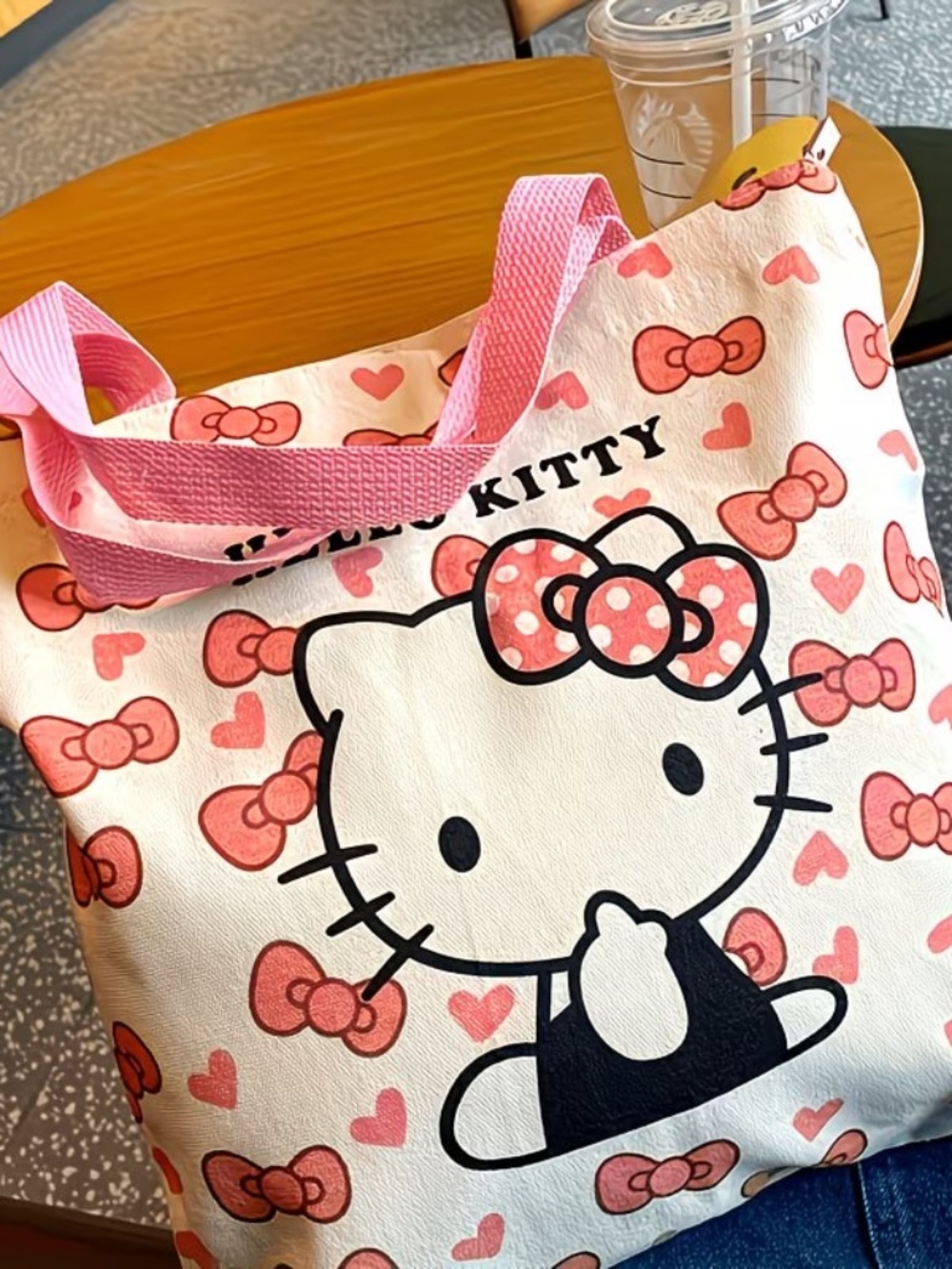 Hello Kitty Canvas Tote Bag 💗 Pink Bow Heart Shopper Bag